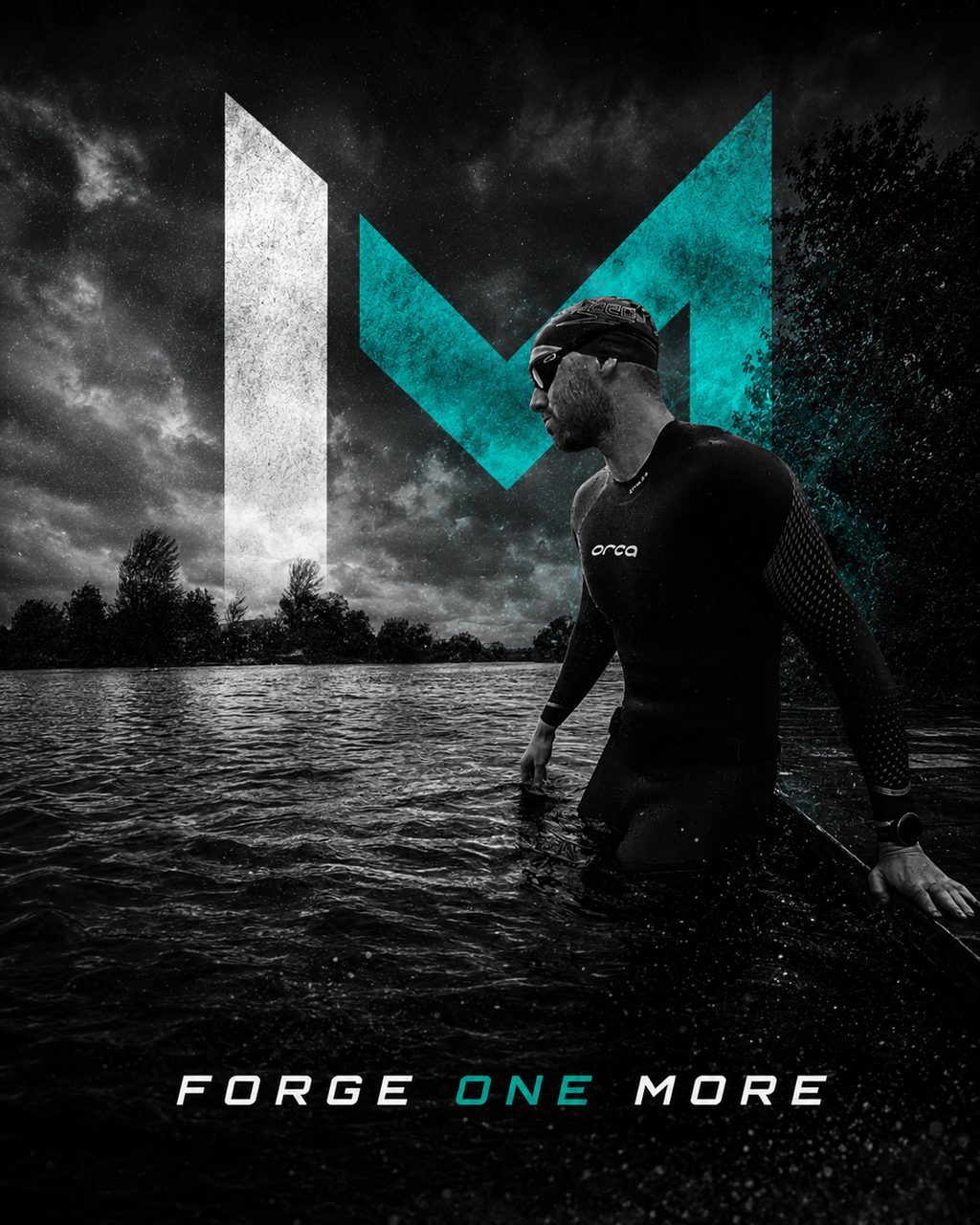 Athlete in open water beneath the Iron Miles mark