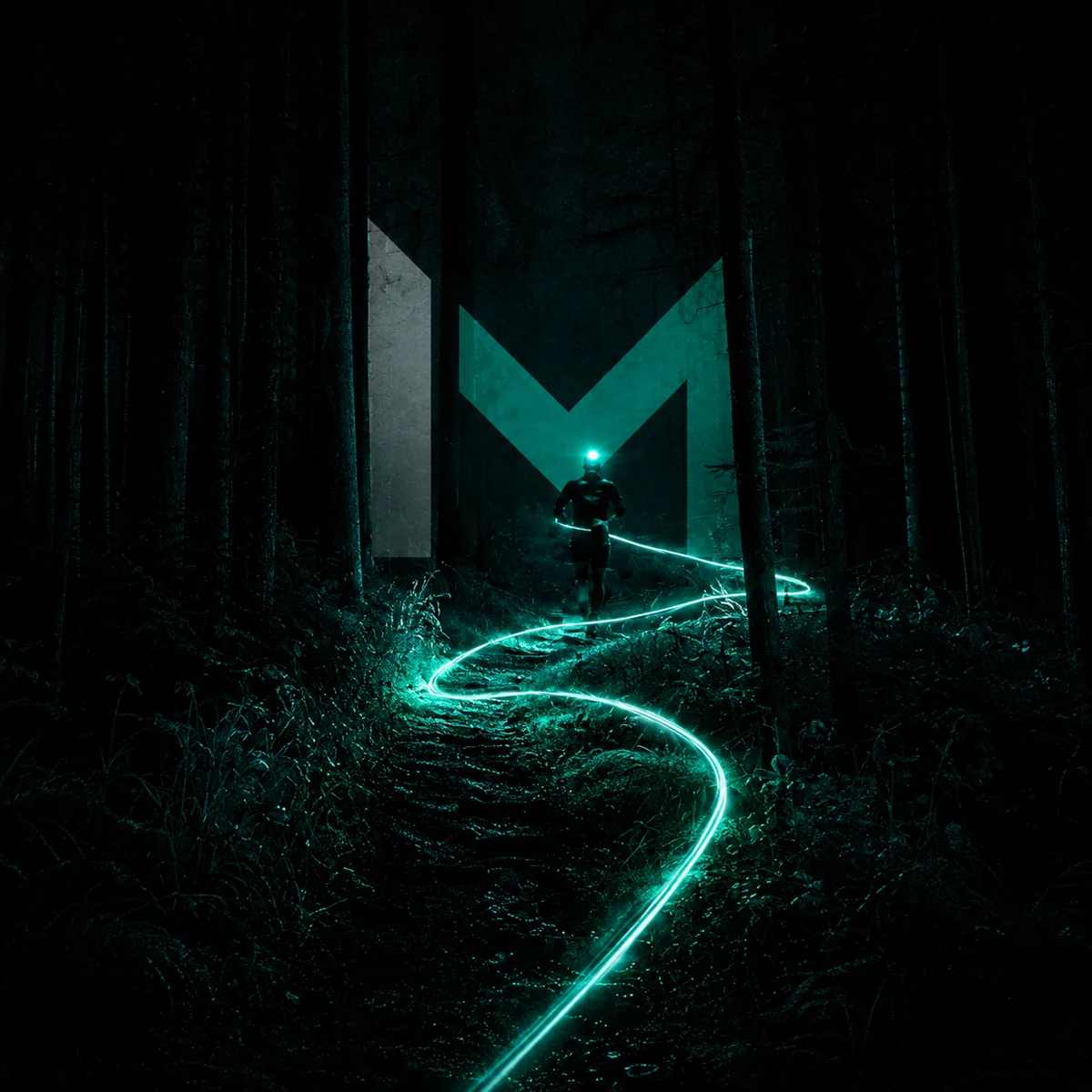Runner on a night forest trail leaving a turquoise light trail beneath the Iron Miles mark