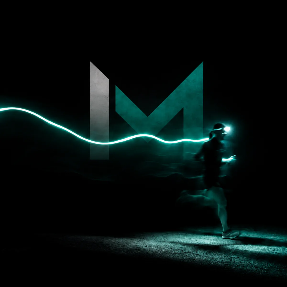 Night runner with a headtorch trailing turquoise light across the Iron Miles mark