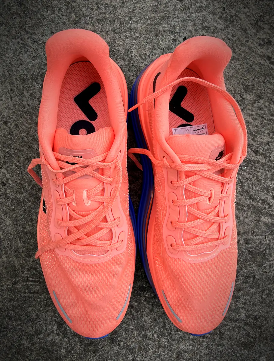 Top-down view of the Nike Vomero Premium pair, showing the coral upper, lacing and padded collars