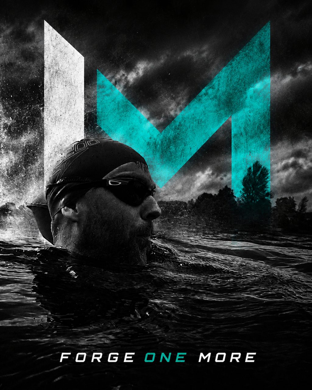 Open-water swimmer at first light beneath the Iron Miles mark
